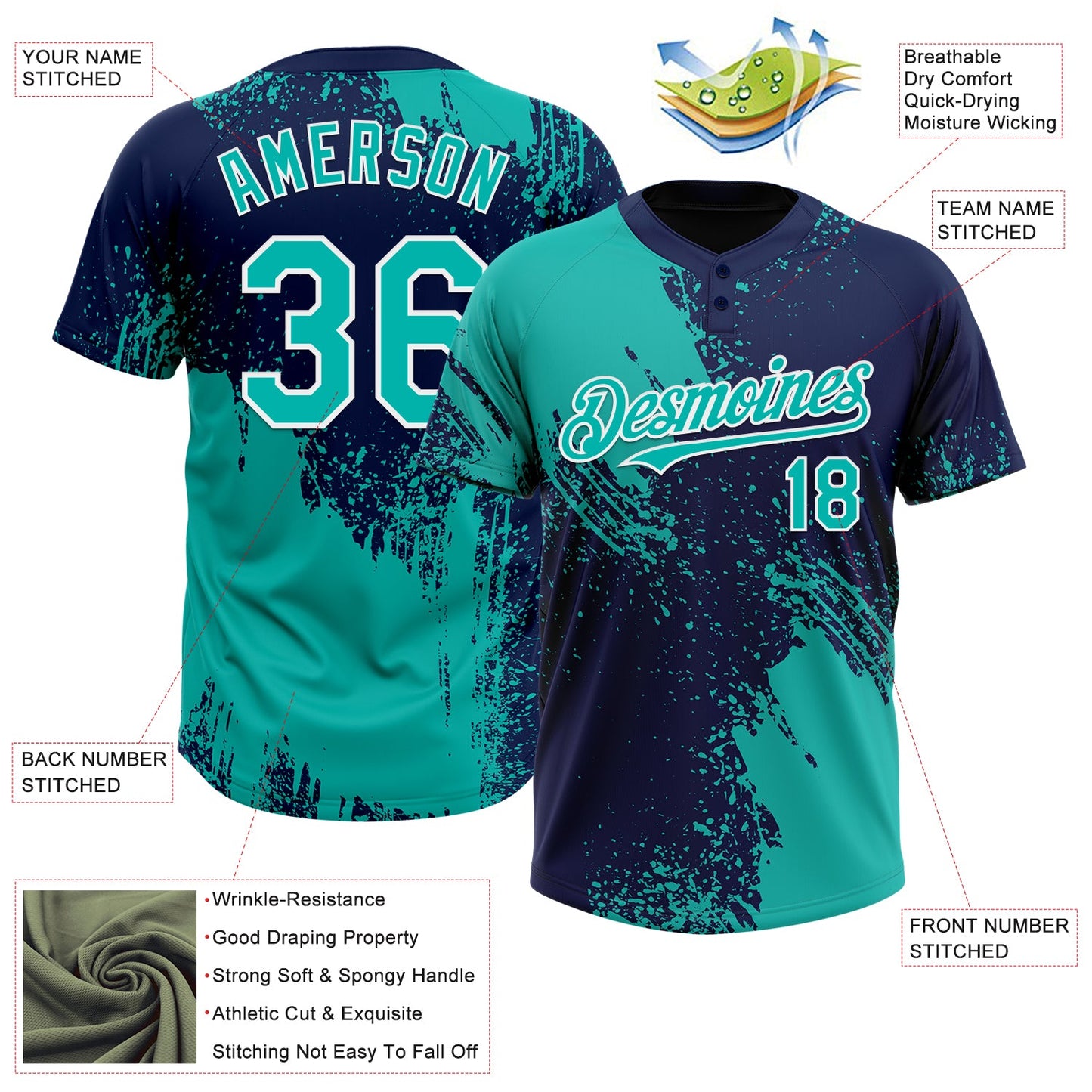 Custom Aqua Navy-White 3D Pattern Abstract Brush Stroke Two-Button Unisex Softball Jersey view 3