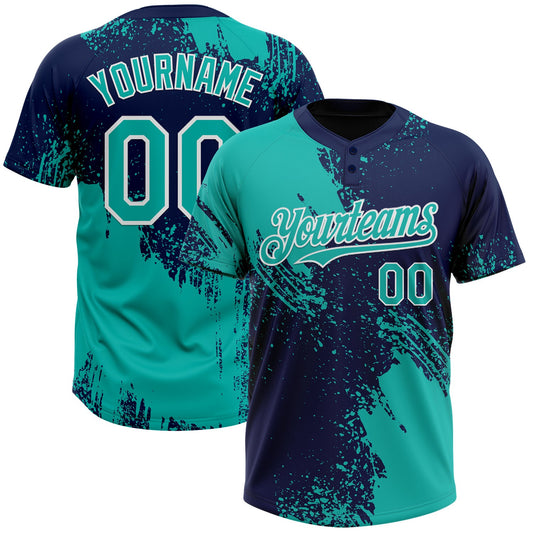 Custom Aqua Navy-White 3D Pattern Abstract Brush Stroke Two-Button Unisex Softball Jersey - Main View