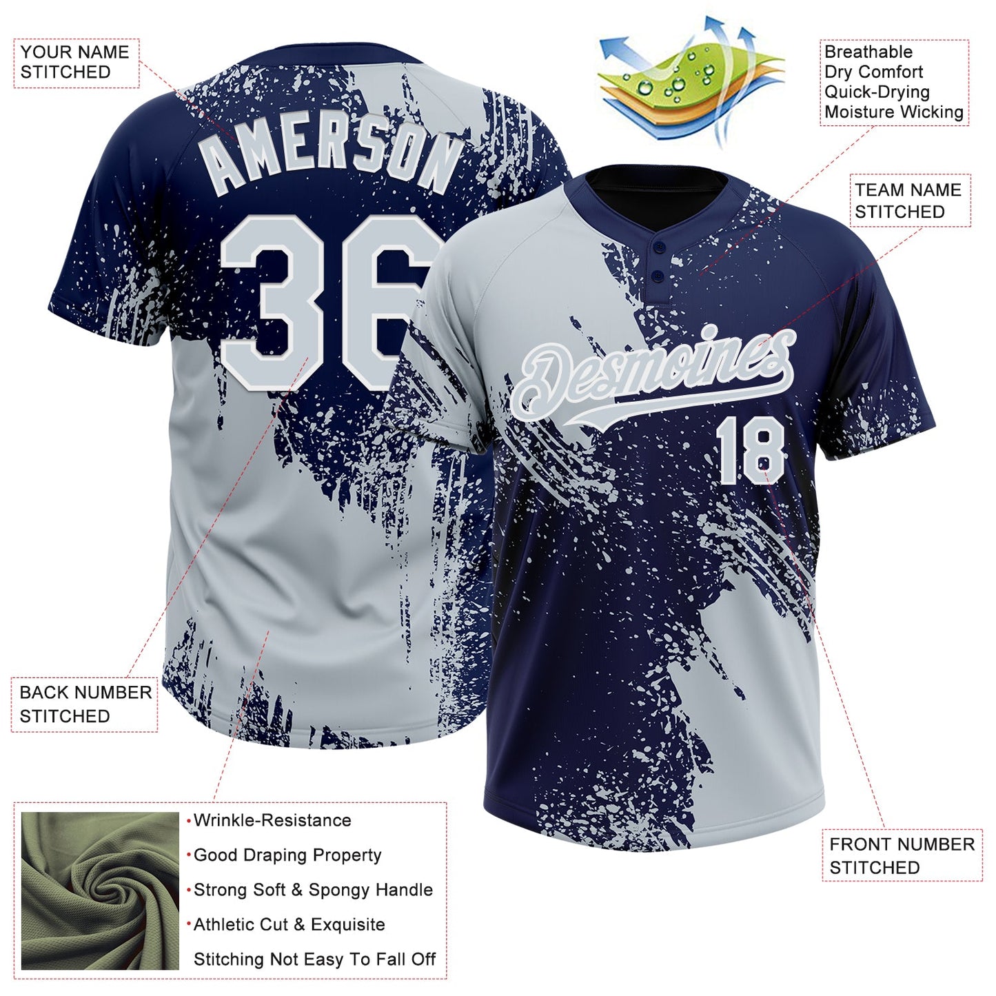 Custom Silver Navy-White 3D Pattern Abstract Brush Stroke Two-Button Unisex Softball Jersey view 3