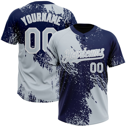 Custom Silver Navy-White 3D Pattern Abstract Brush Stroke Two-Button Unisex Softball Jersey - Main View