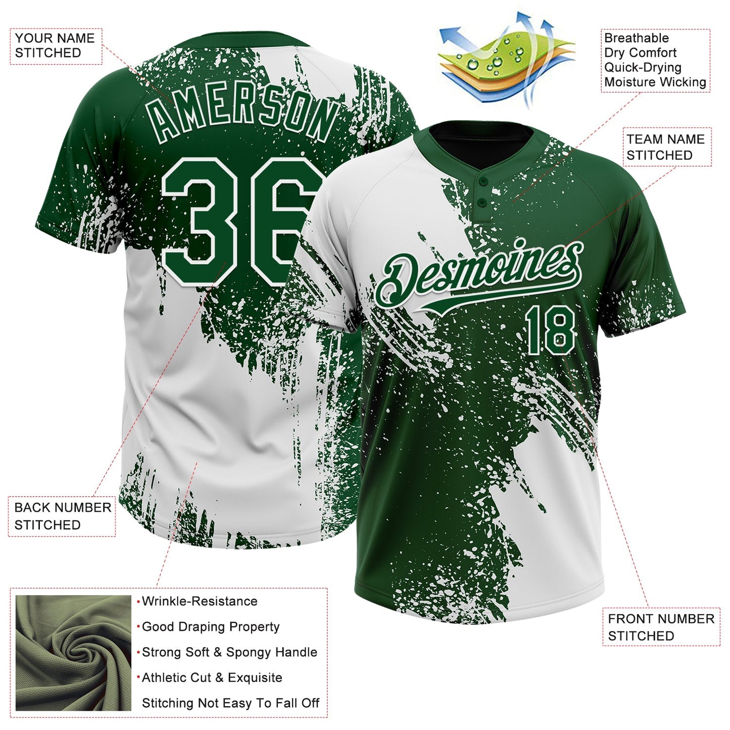 Custom White Green 3D Pattern Abstract Brush Stroke Two-Button Unisex Softball Jersey view 3