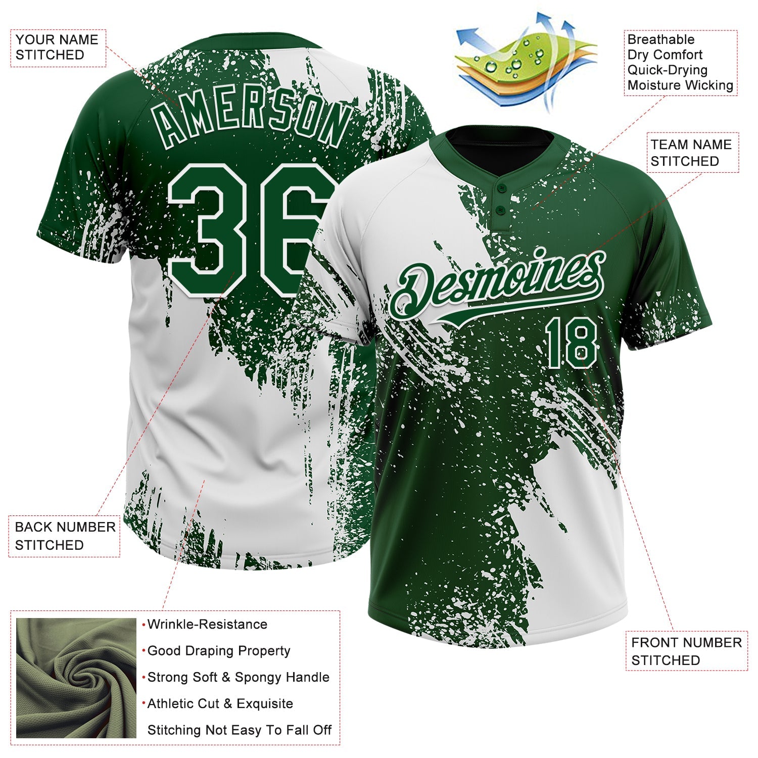 Custom White Green 3D Pattern Abstract Brush Stroke Two-Button Unisex Softball Jersey view 3