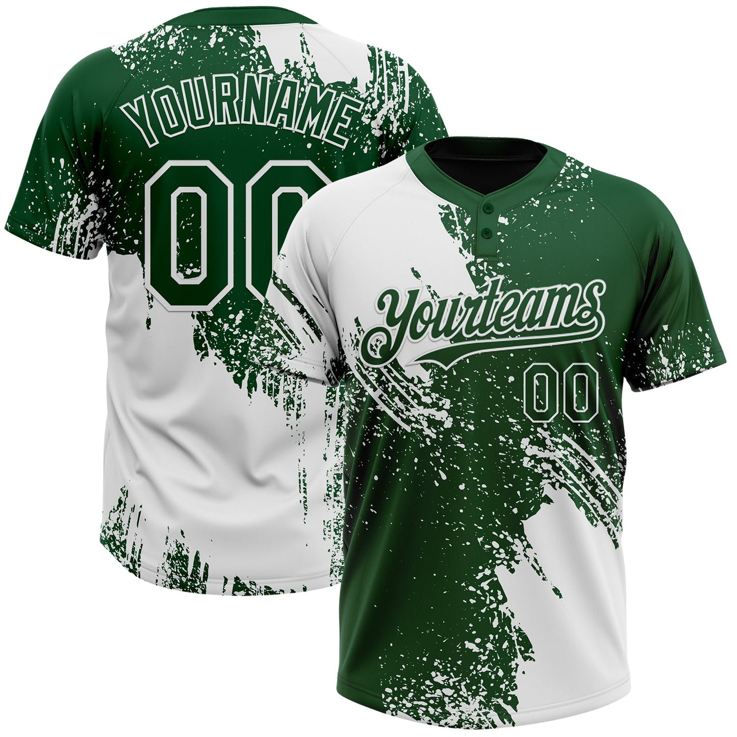 Custom White Green 3D Pattern Abstract Brush Stroke Two-Button Unisex Softball Jersey - Main View