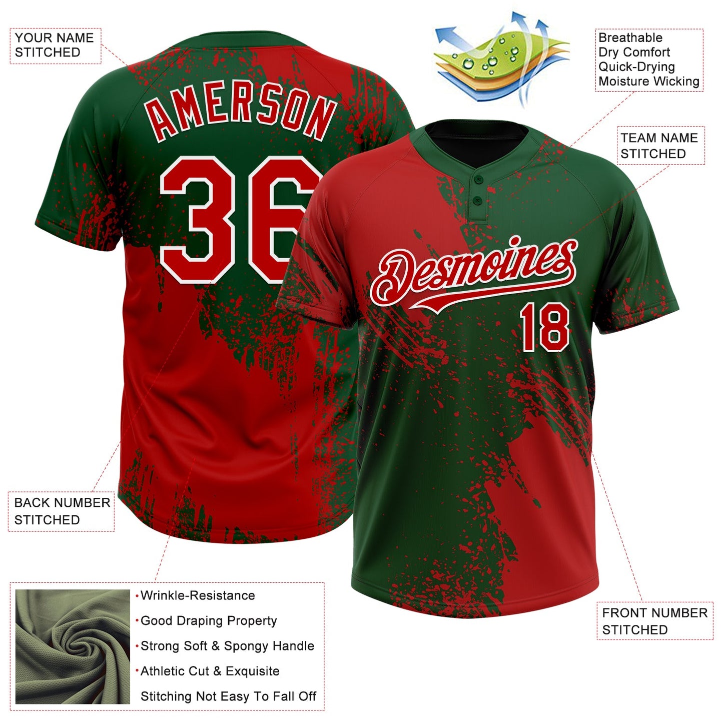 Custom Red Green-White 3D Pattern Abstract Brush Stroke Two-Button Unisex Softball Jersey view 3