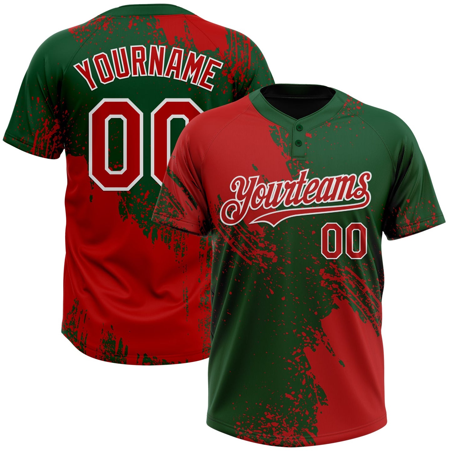 Custom Red Green-White 3D Pattern Abstract Brush Stroke Two-Button Unisex Softball Jersey - Main View