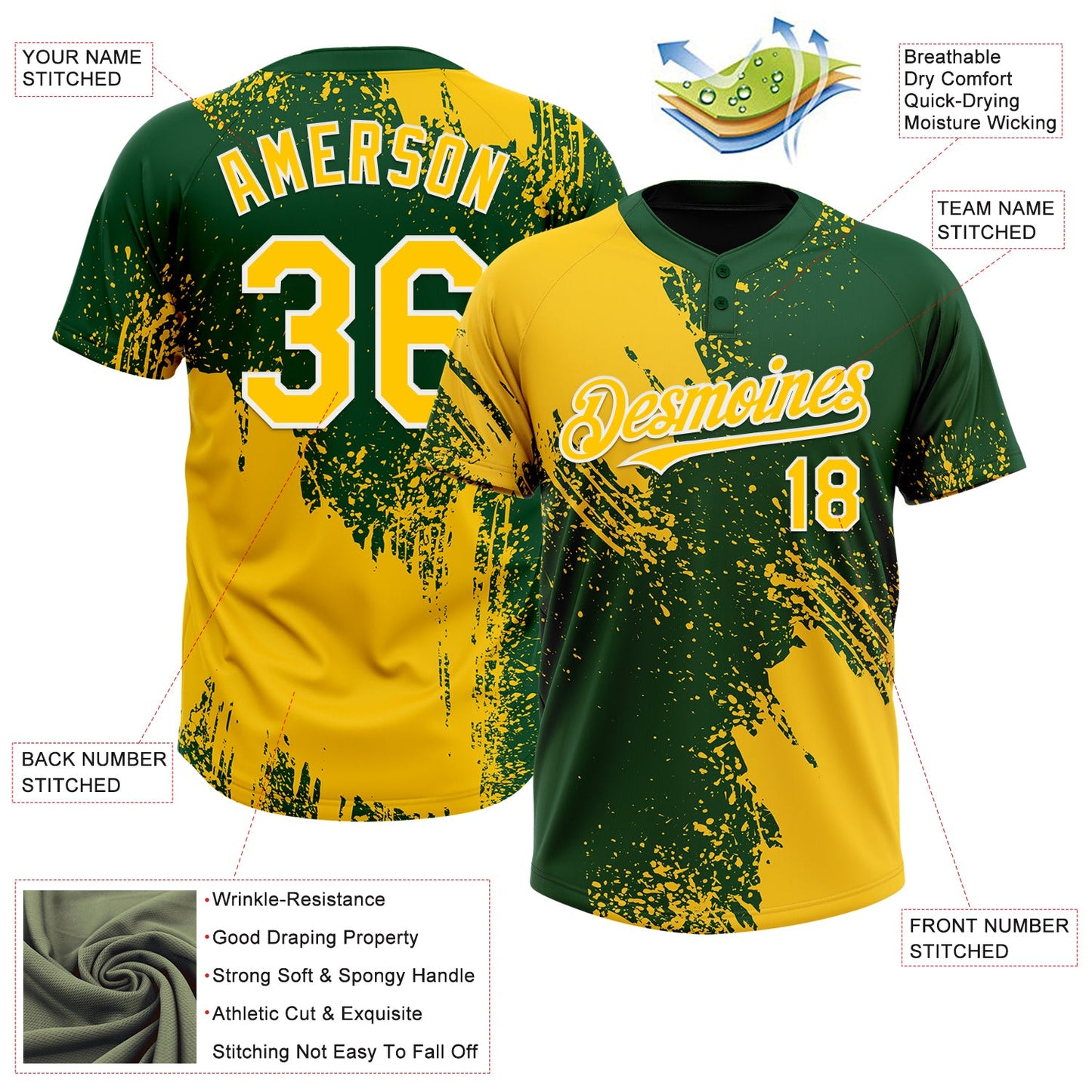 Custom Yellow Green-White 3D Pattern Abstract Brush Stroke Two-Button Unisex Softball Jersey view 3
