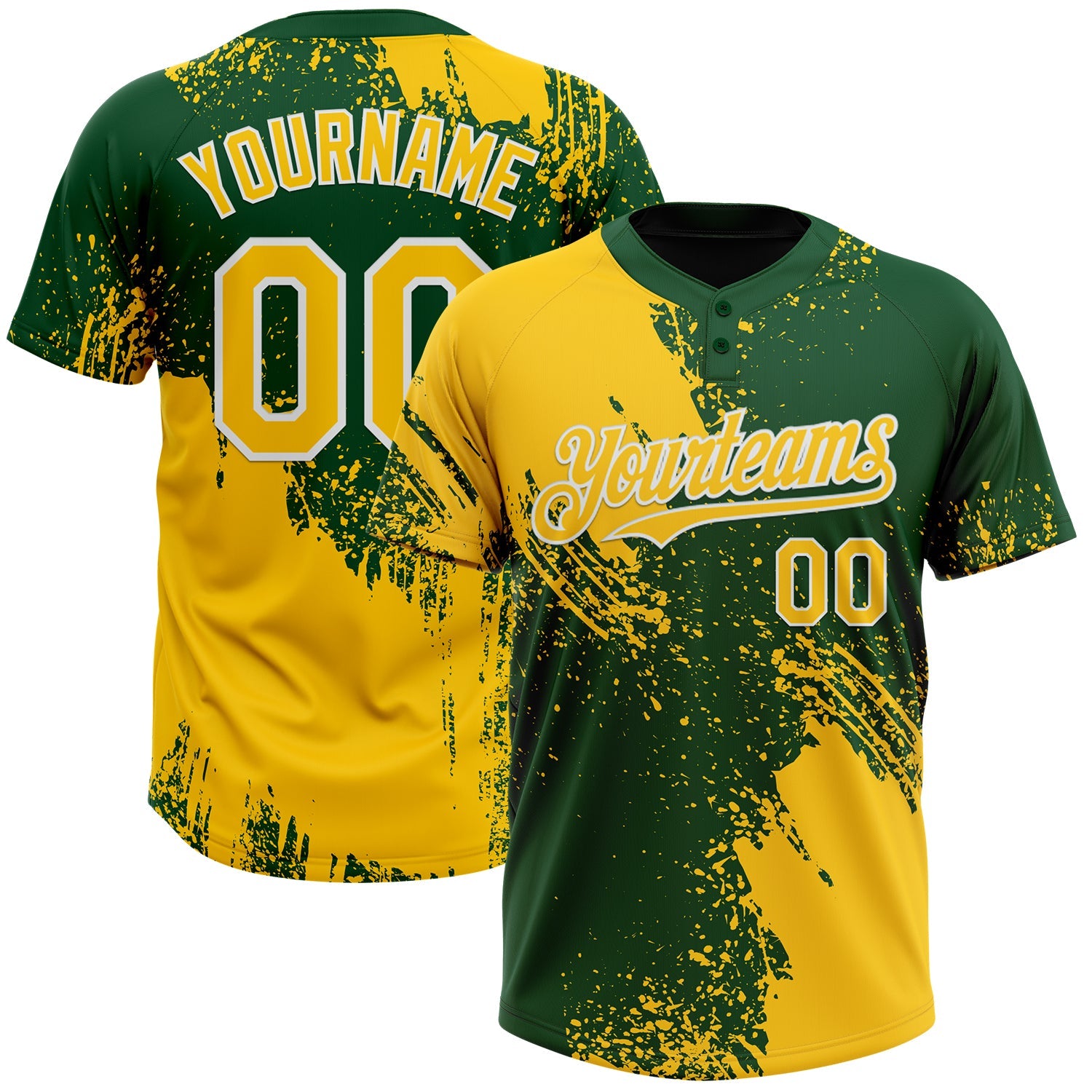 Custom Yellow Green-White 3D Pattern Abstract Brush Stroke Two-Button Unisex Softball Jersey - Main View