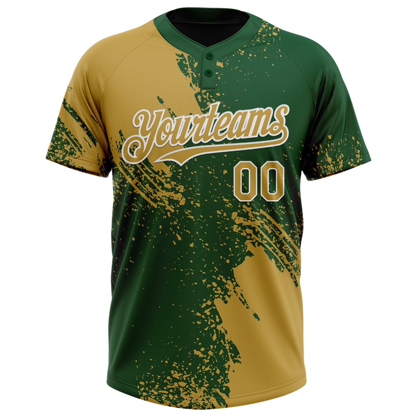 Custom Old Gold Green-White 3D Pattern Abstract Brush Stroke Two-Button Unisex Softball Jersey view 2