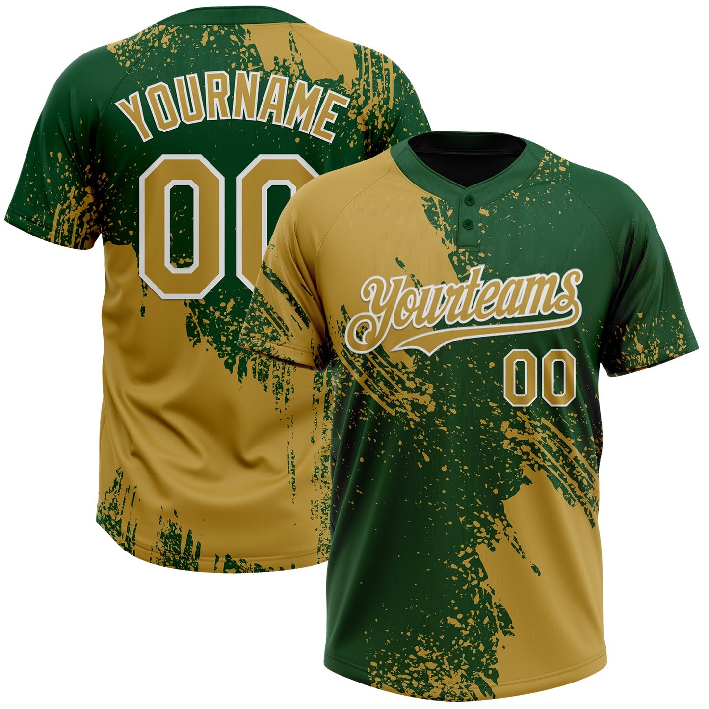 Custom Old Gold Green-White 3D Pattern Abstract Brush Stroke Two-Button Unisex Softball Jersey - Main View