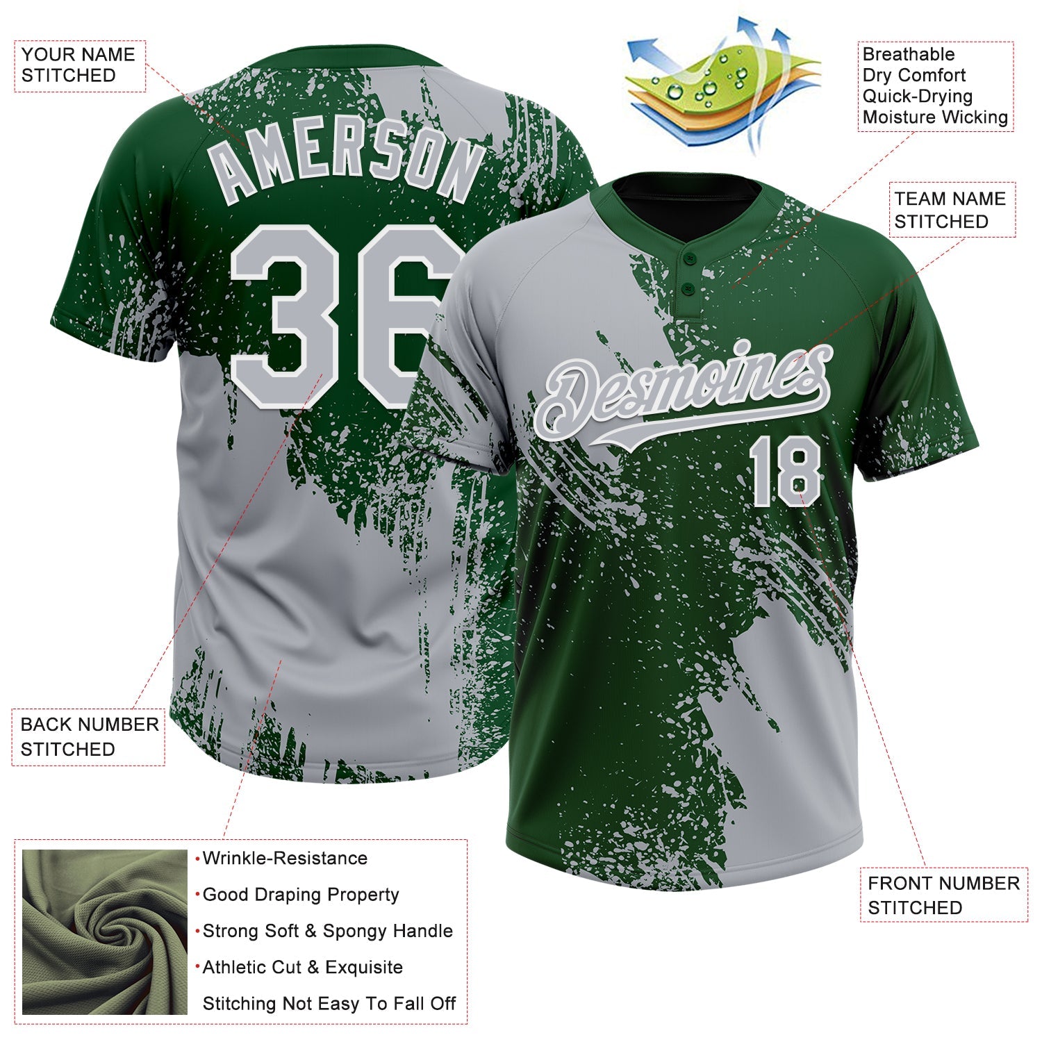 Custom Gray Green-White 3D Pattern Abstract Brush Stroke Two-Button Unisex Softball Jersey view 3