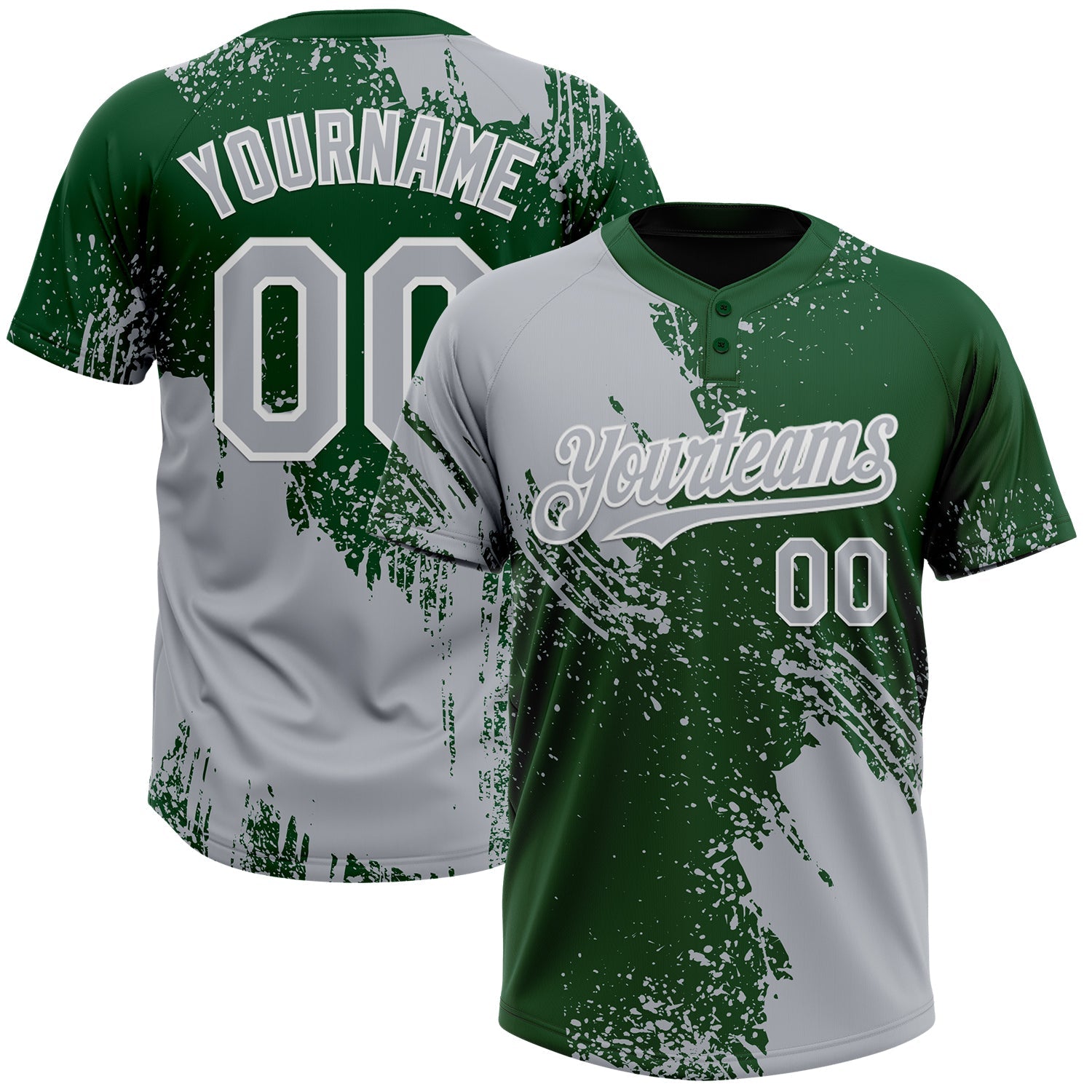 Custom Gray Green-White 3D Pattern Abstract Brush Stroke Two-Button Unisex Softball Jersey - Main View