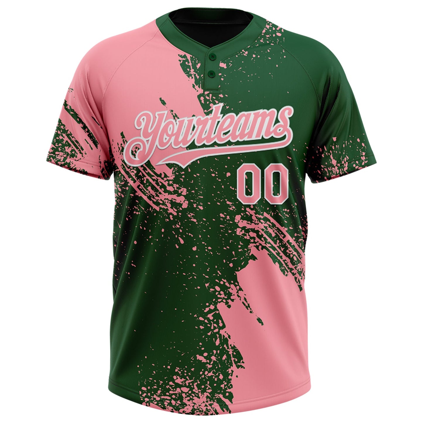 Custom Medium Pink Green-White 3D Pattern Abstract Brush Stroke Two-Button Unisex Softball Jersey view 2
