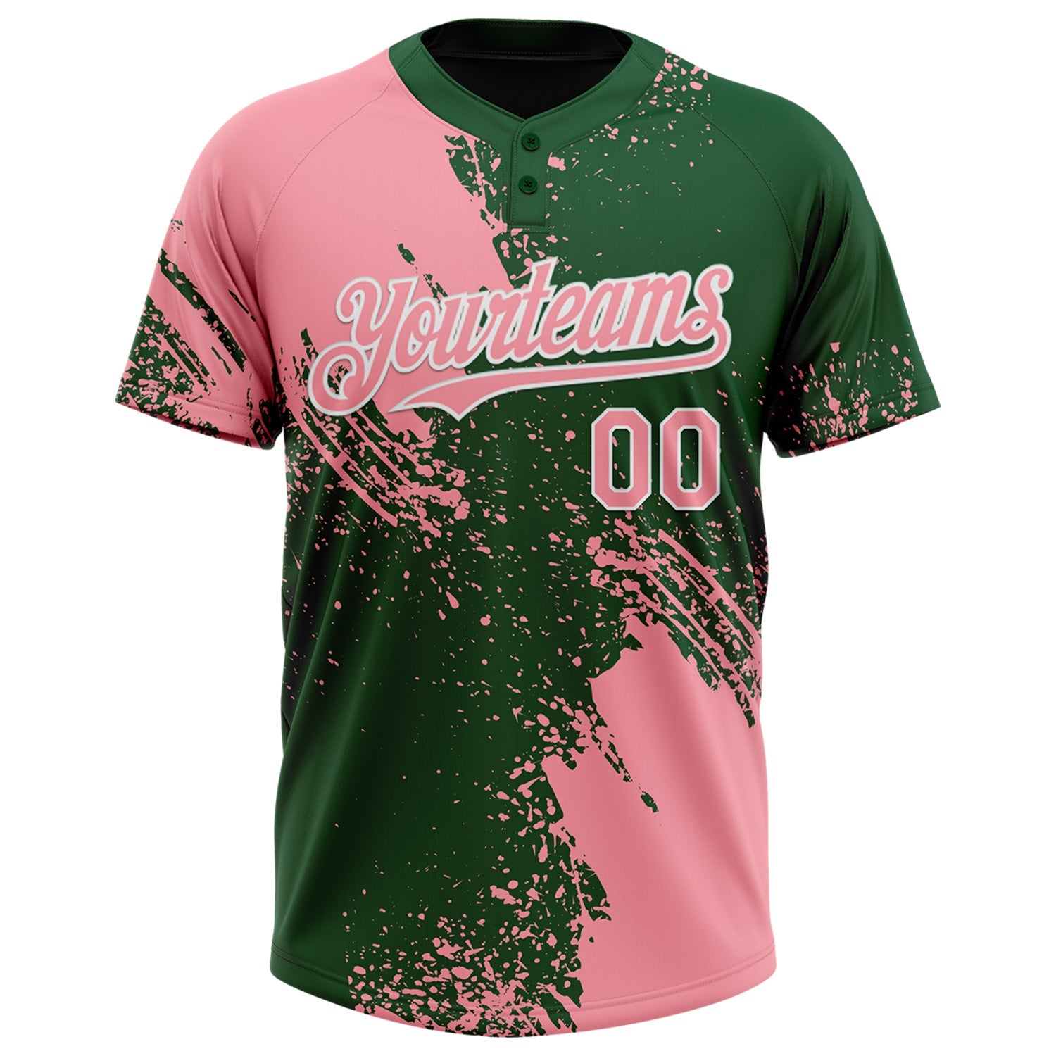 Custom Medium Pink Green-White 3D Pattern Abstract Brush Stroke Two-Button Unisex Softball Jersey view 2