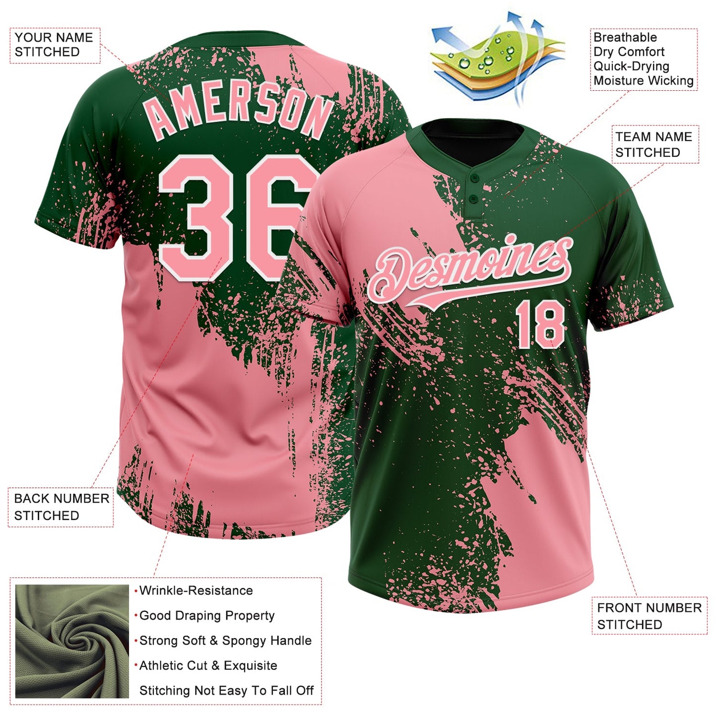 Custom Medium Pink Green-White 3D Pattern Abstract Brush Stroke Two-Button Unisex Softball Jersey view 3