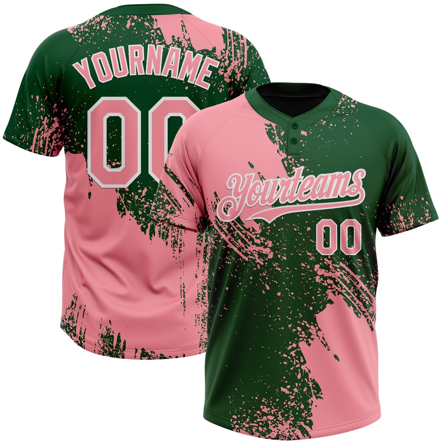 Custom Medium Pink Green-White 3D Pattern Abstract Brush Stroke Two-Button Unisex Softball Jersey - Main View