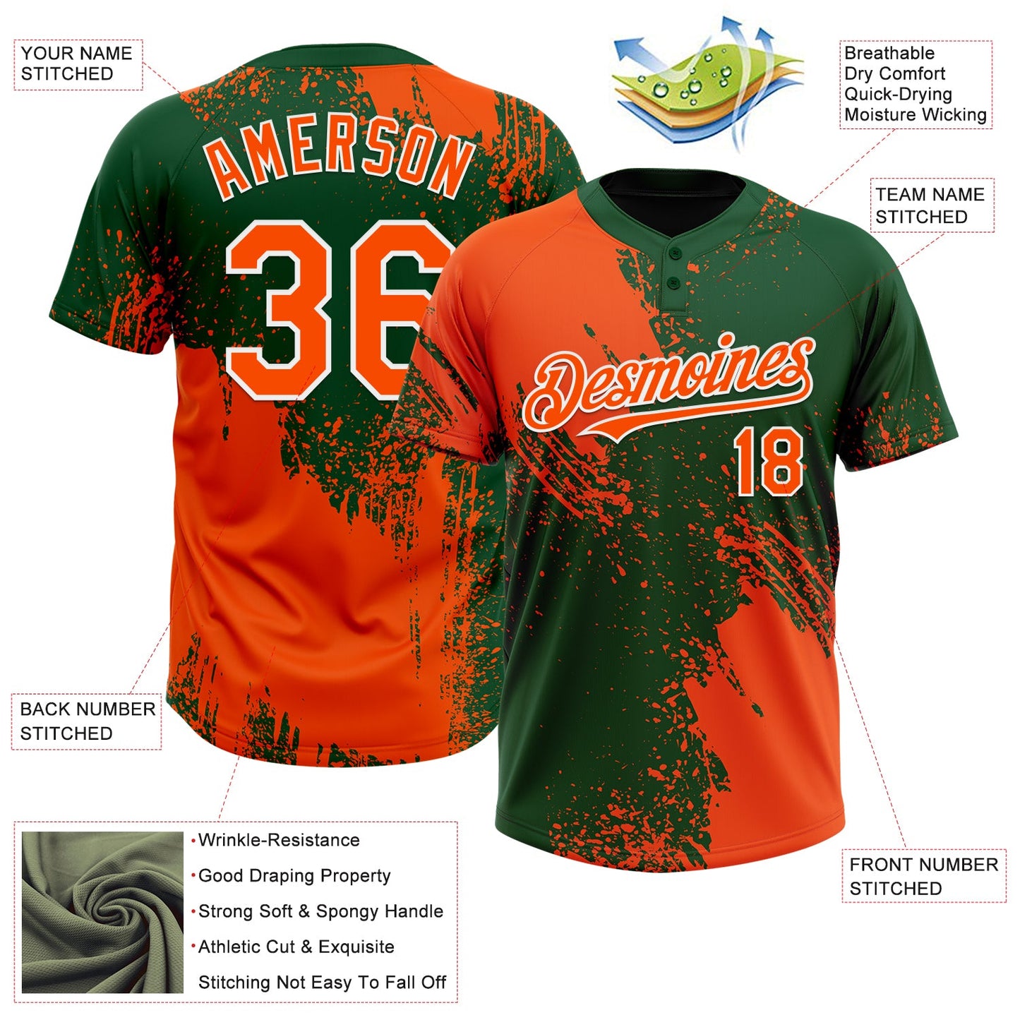 Custom Orange Green-White 3D Pattern Abstract Brush Stroke Two-Button Unisex Softball Jersey view 3