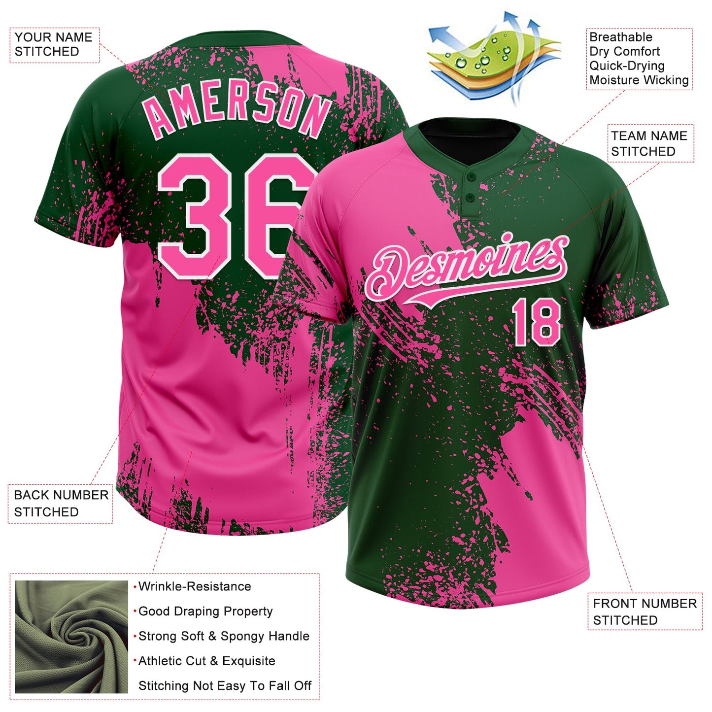 Custom Pink Green-White 3D Pattern Abstract Brush Stroke Two-Button Unisex Softball Jersey view 3