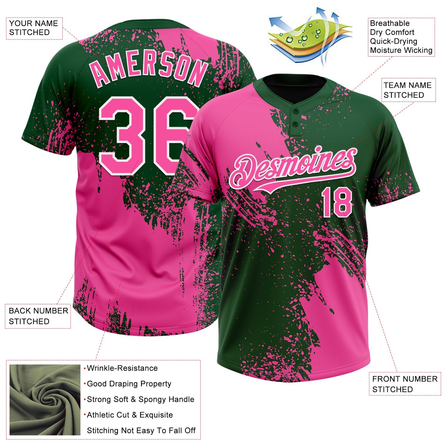 Custom Pink Green-White 3D Pattern Abstract Brush Stroke Two-Button Unisex Softball Jersey view 3