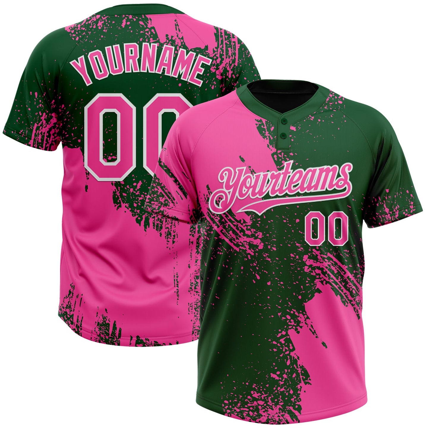 Custom Pink Green-White 3D Pattern Abstract Brush Stroke Two-Button Unisex Softball Jersey - Main View
