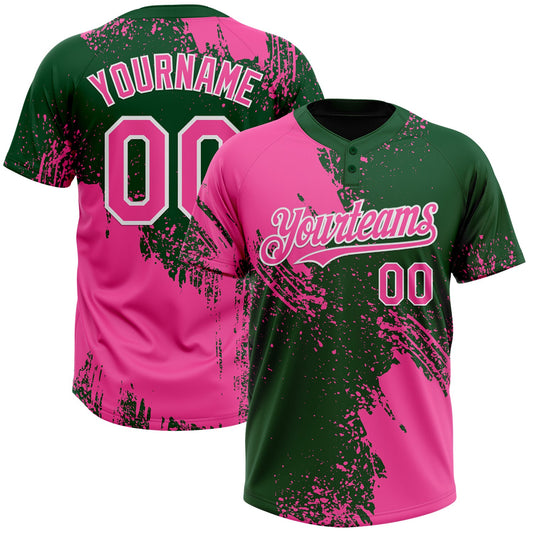 Custom Pink Green-White 3D Pattern Abstract Brush Stroke Two-Button Unisex Softball Jersey - Main View