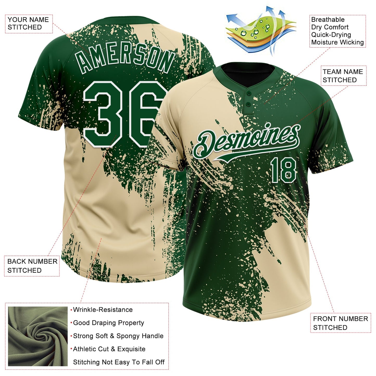Custom Cream Green-White 3D Pattern Abstract Brush Stroke Two-Button Unisex Softball Jersey view 3