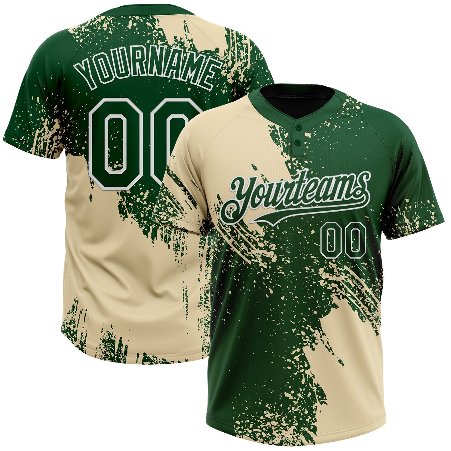 Custom Cream Green-White 3D Pattern Abstract Brush Stroke Two-Button Unisex Softball Jersey - Main View