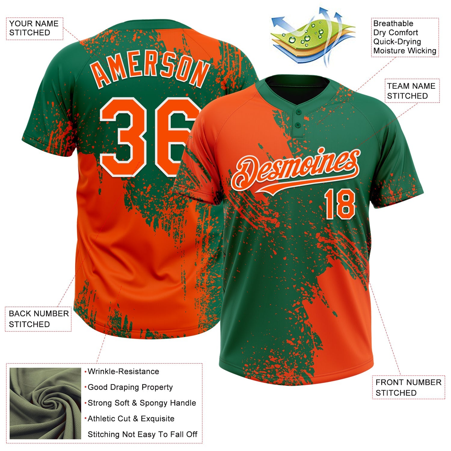 Custom Orange Kelly Green-White 3D Pattern Abstract Brush Stroke Two-Button Unisex Softball Jersey view 3