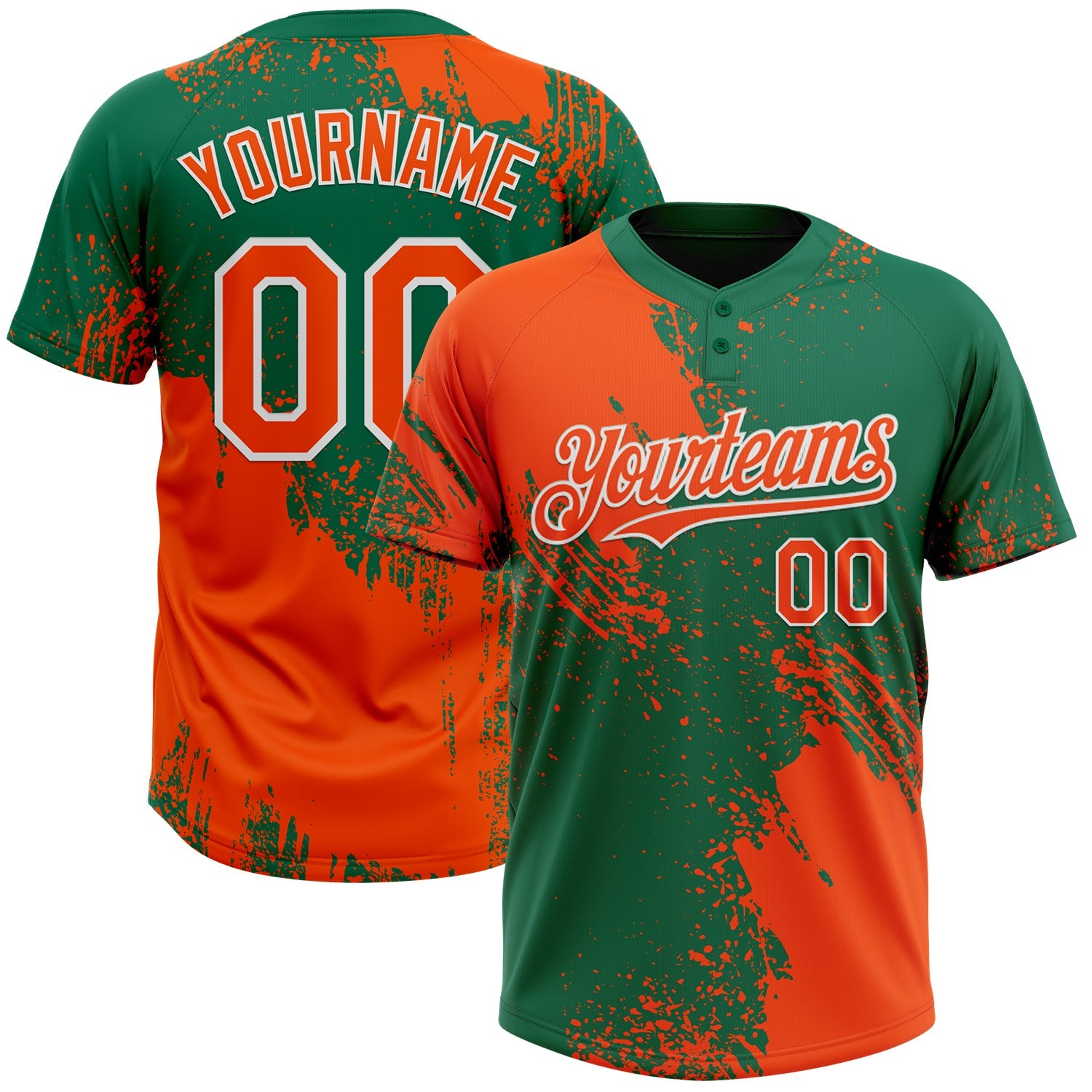 Custom Orange Kelly Green-White 3D Pattern Abstract Brush Stroke Two-Button Unisex Softball Jersey - Main View
