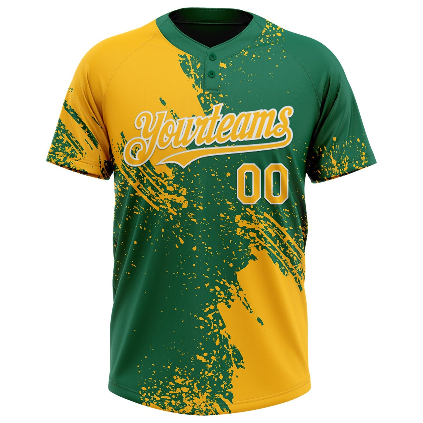 Custom Gold Kelly Green-White 3D Pattern Abstract Brush Stroke Two-Button Unisex Softball Jersey view 2