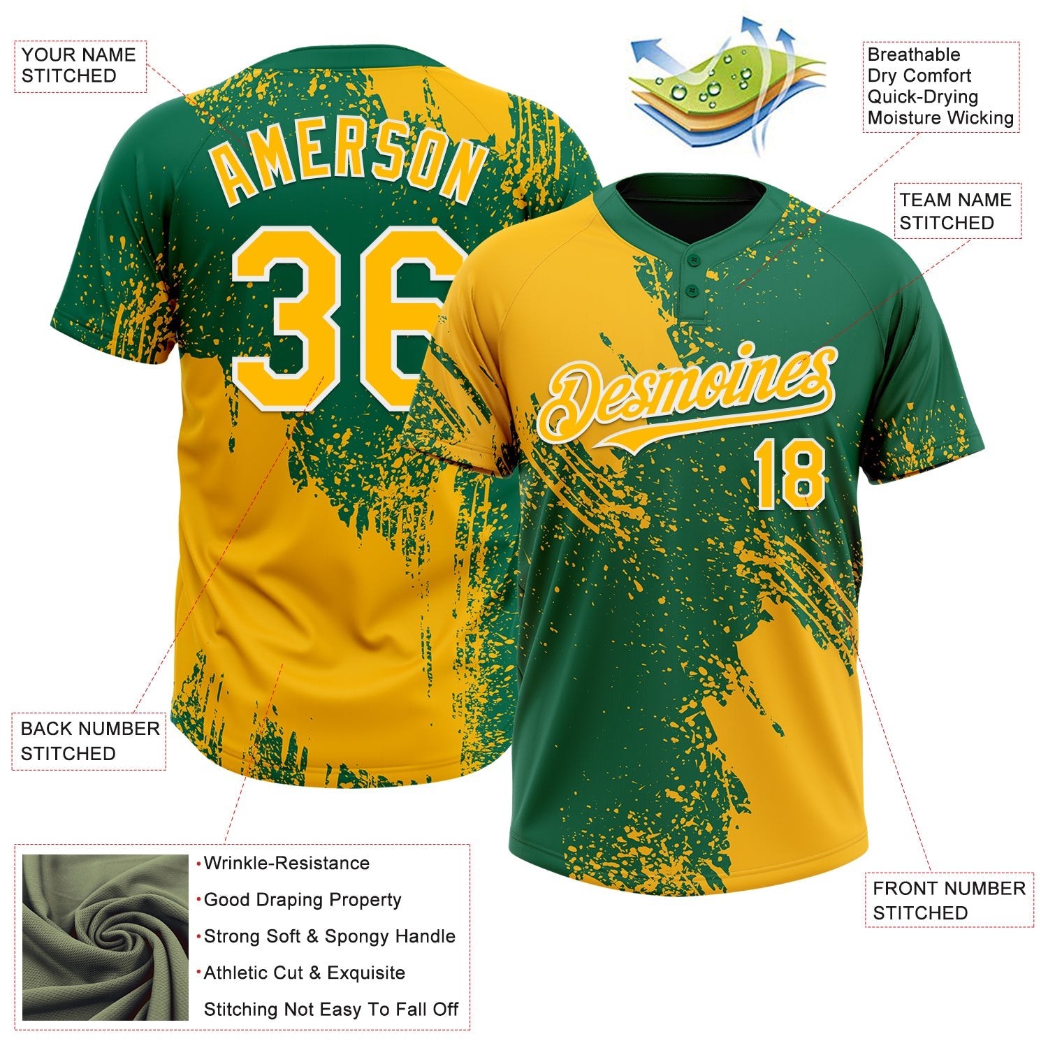 Custom Gold Kelly Green-White 3D Pattern Abstract Brush Stroke Two-Button Unisex Softball Jersey view 3