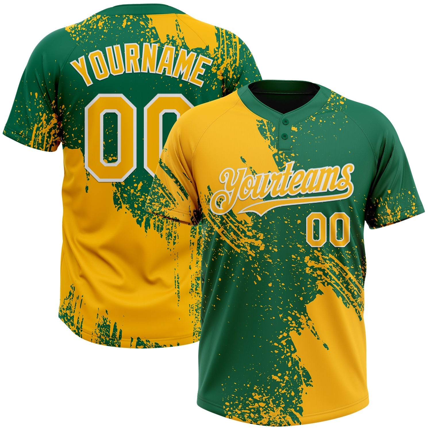 Custom Gold Kelly Green-White 3D Pattern Abstract Brush Stroke Two-Button Unisex Softball Jersey - Main View