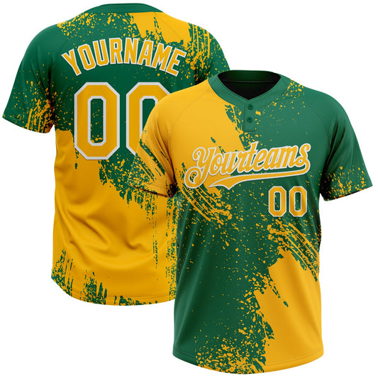 Custom Gold Kelly Green-White 3D Pattern Abstract Brush Stroke Two-Button Unisex Softball Jersey - Main View