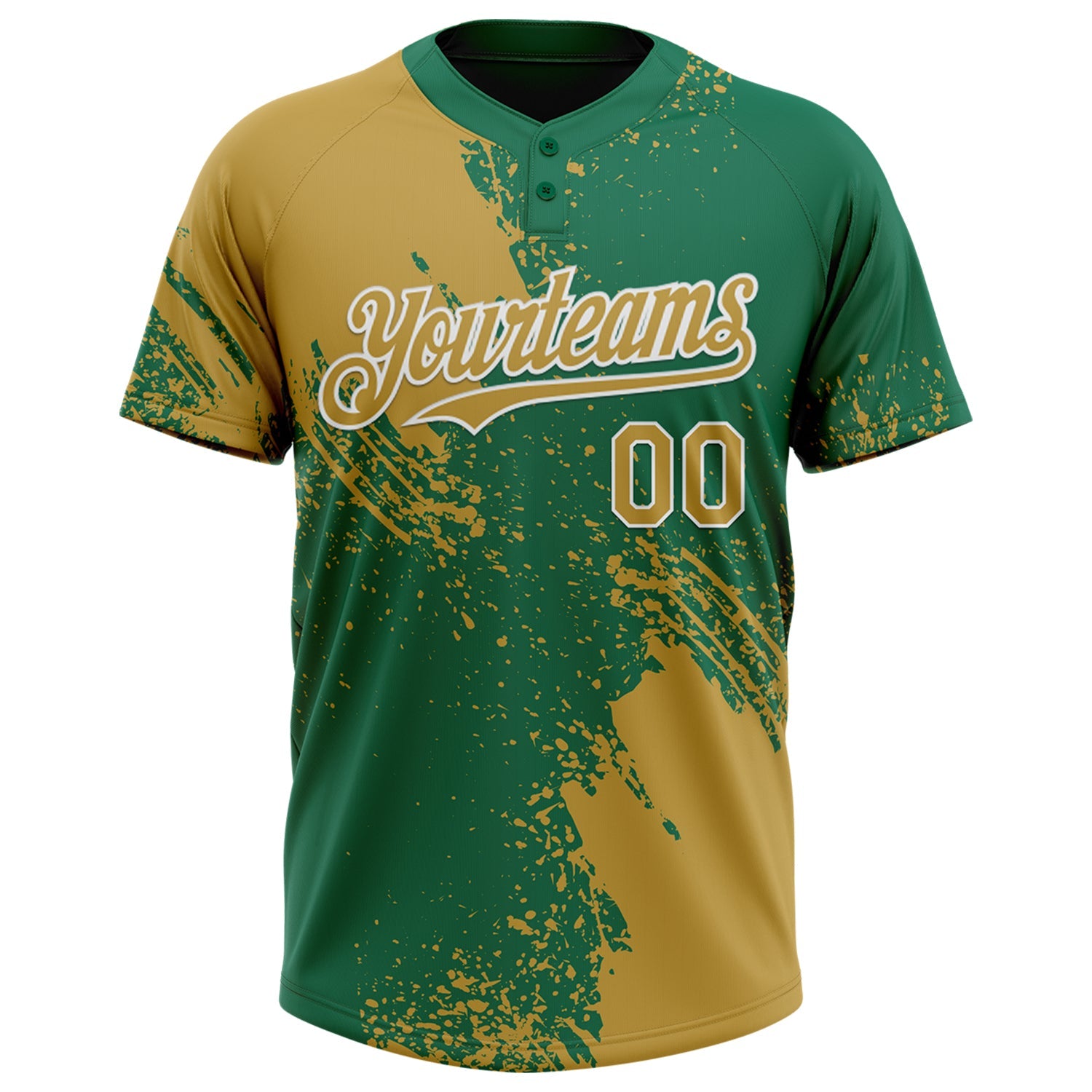 Custom Old Gold Kelly Green-White 3D Pattern Abstract Brush Stroke Two-Button Unisex Softball Jersey view 2