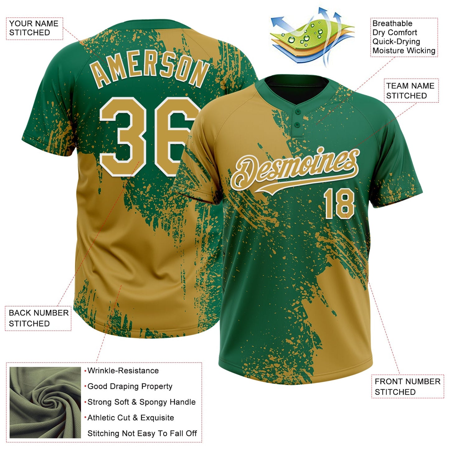 Custom Old Gold Kelly Green-White 3D Pattern Abstract Brush Stroke Two-Button Unisex Softball Jersey view 3