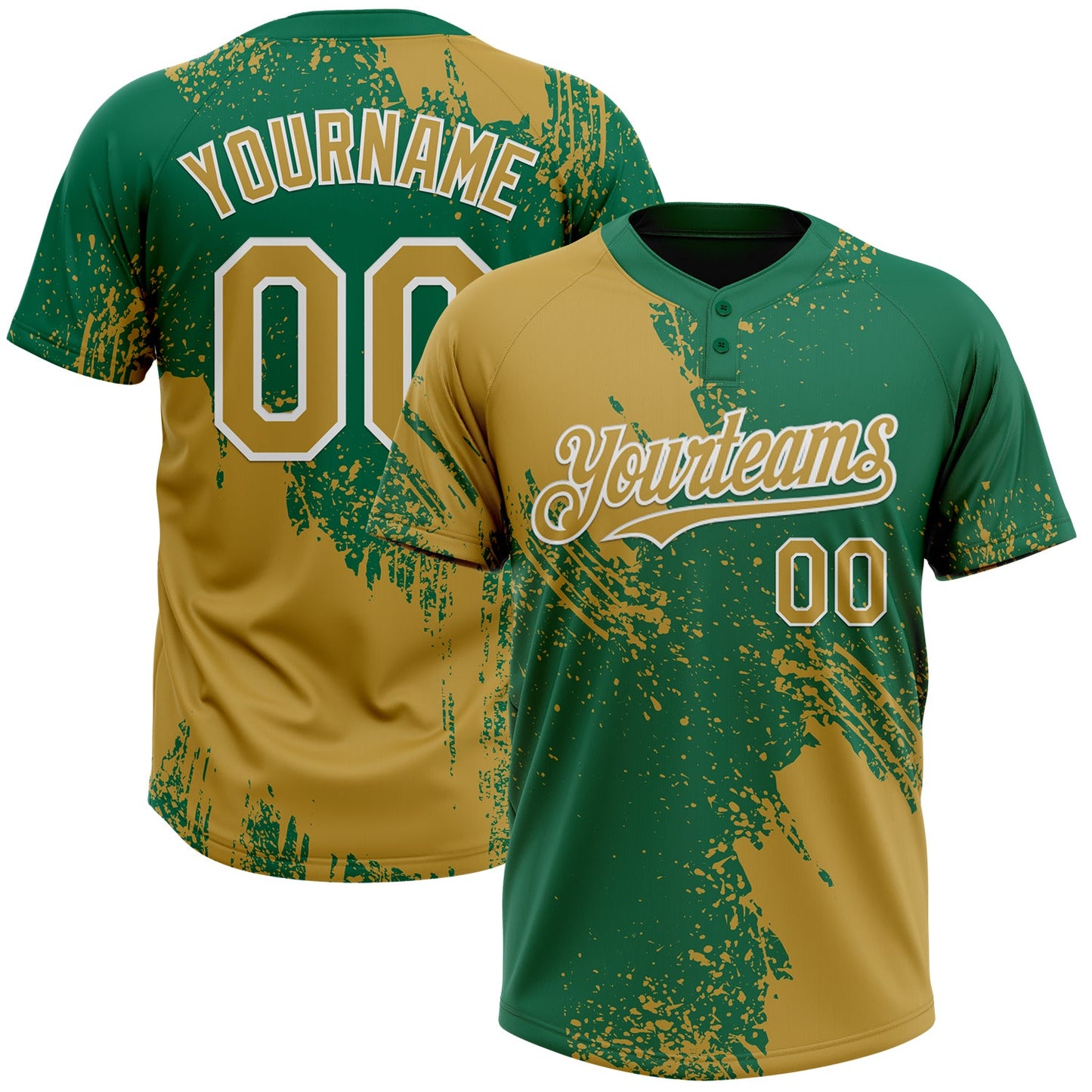 Custom Old Gold Kelly Green-White 3D Pattern Abstract Brush Stroke Two-Button Unisex Softball Jersey - Main View