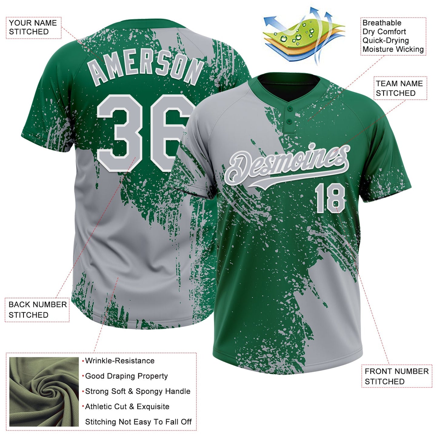 Custom Gray Kelly Green-White 3D Pattern Abstract Brush Stroke Two-Button Unisex Softball Jersey view 3