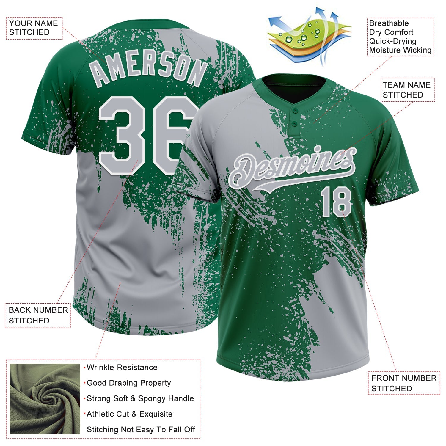 Custom Gray Kelly Green-White 3D Pattern Abstract Brush Stroke Two-Button Unisex Softball Jersey view 3