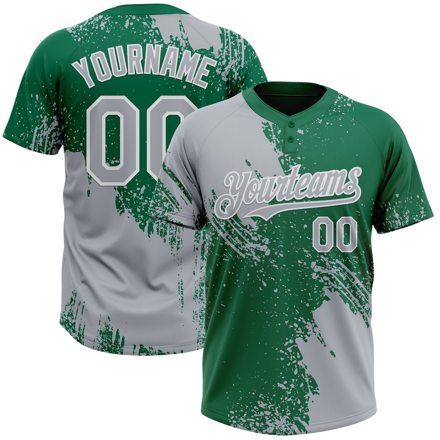 Custom Gray Kelly Green-White 3D Pattern Abstract Brush Stroke Two-Button Unisex Softball Jersey - Main View
