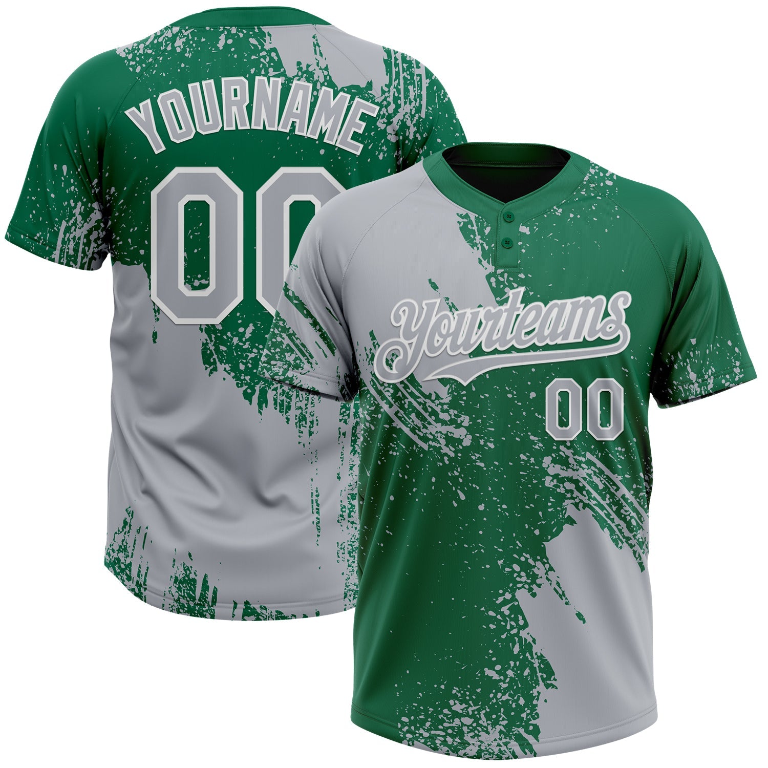 Custom Gray Kelly Green-White 3D Pattern Abstract Brush Stroke Two-Button Unisex Softball Jersey - Main View