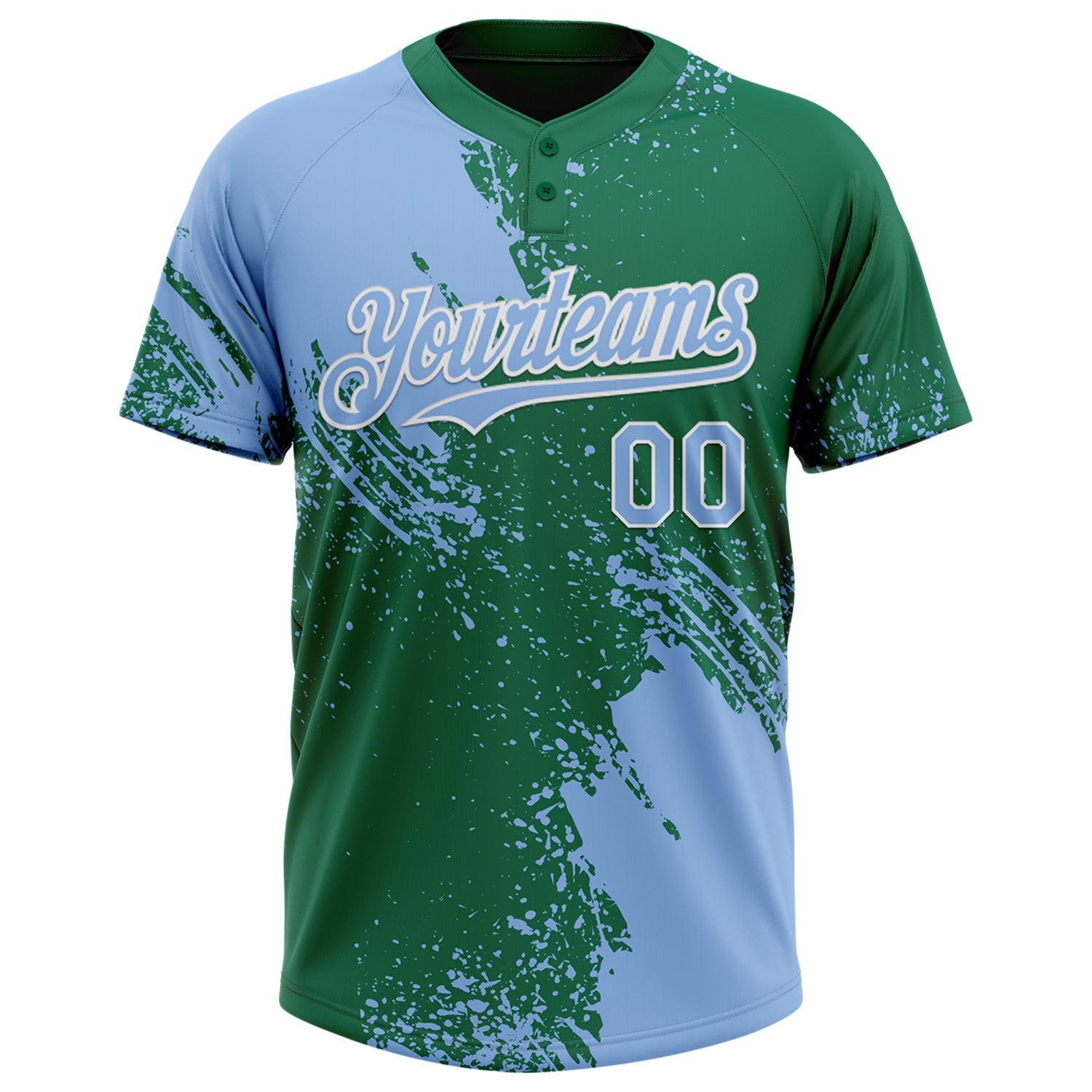 Custom Light Blue Kelly Green-White 3D Pattern Abstract Brush Stroke Two-Button Unisex Softball Jersey view 2