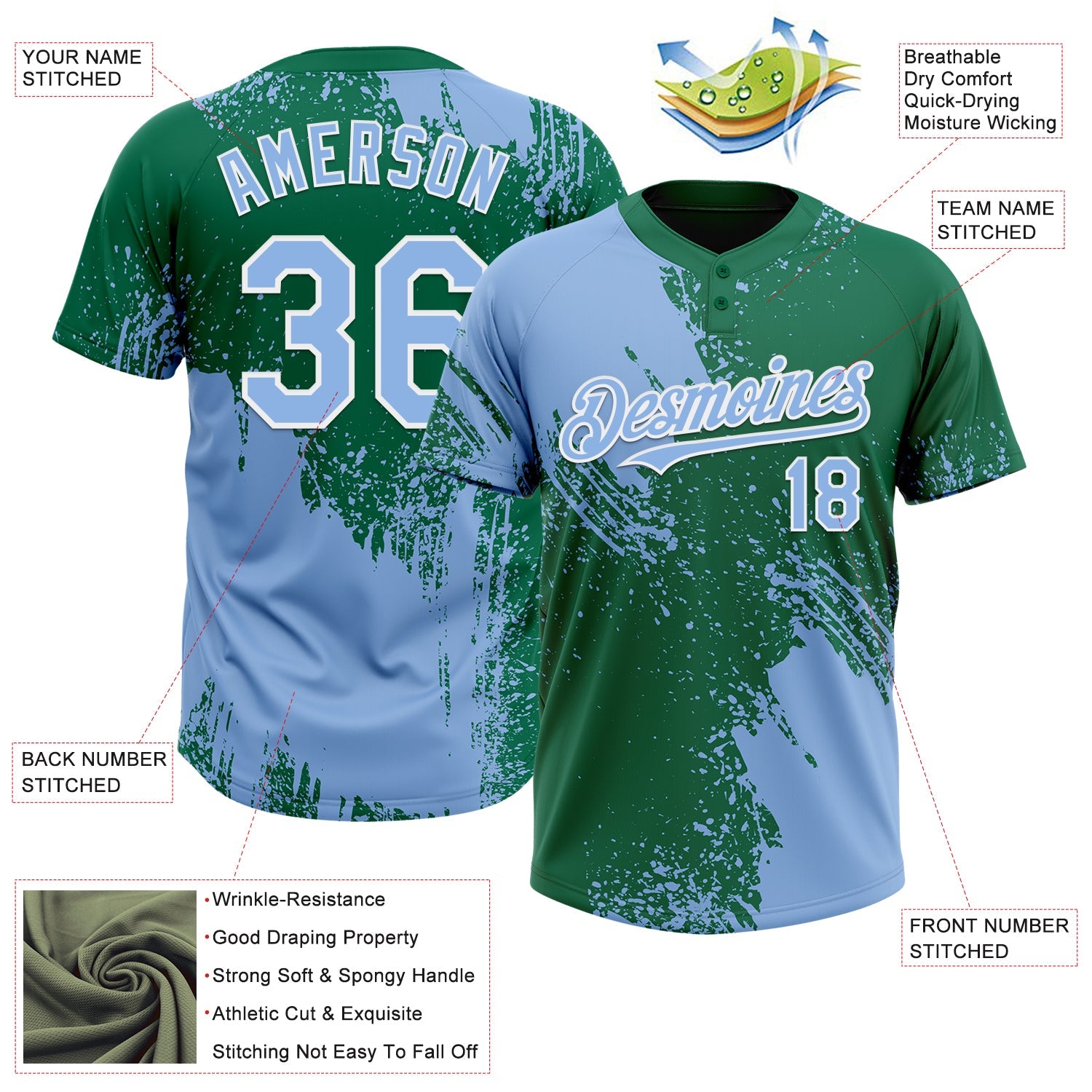 Custom Light Blue Kelly Green-White 3D Pattern Abstract Brush Stroke Two-Button Unisex Softball Jersey view 3