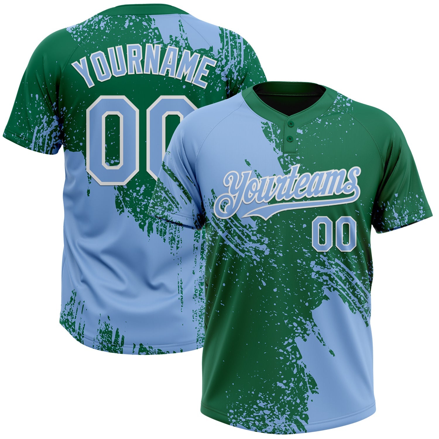 Custom Light Blue Kelly Green-White 3D Pattern Abstract Brush Stroke Two-Button Unisex Softball Jersey - Main View