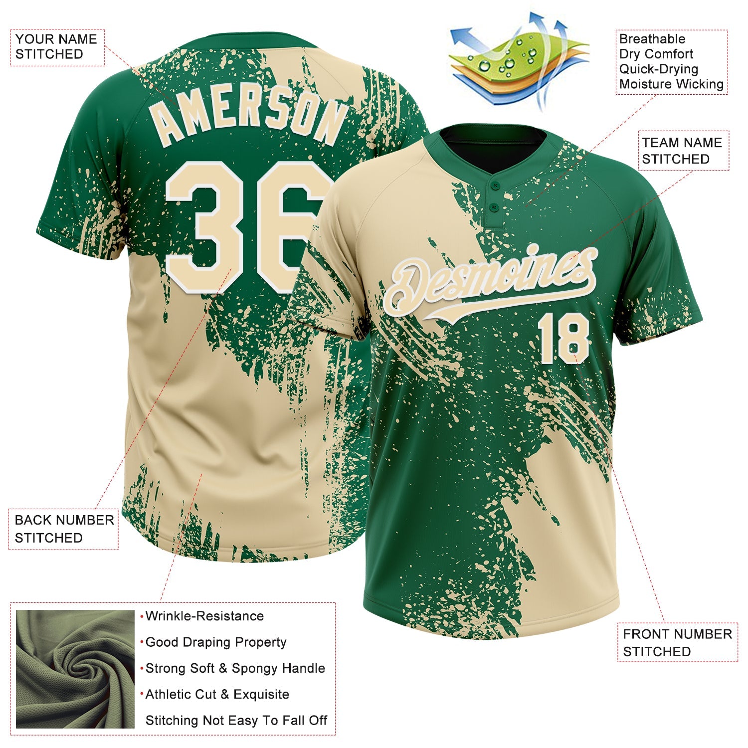 Custom Cream Kelly Green-White 3D Pattern Abstract Brush Stroke Two-Button Unisex Softball Jersey view 3