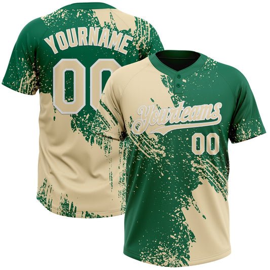 Custom Cream Kelly Green-White 3D Pattern Abstract Brush Stroke Two-Button Unisex Softball Jersey - Main View