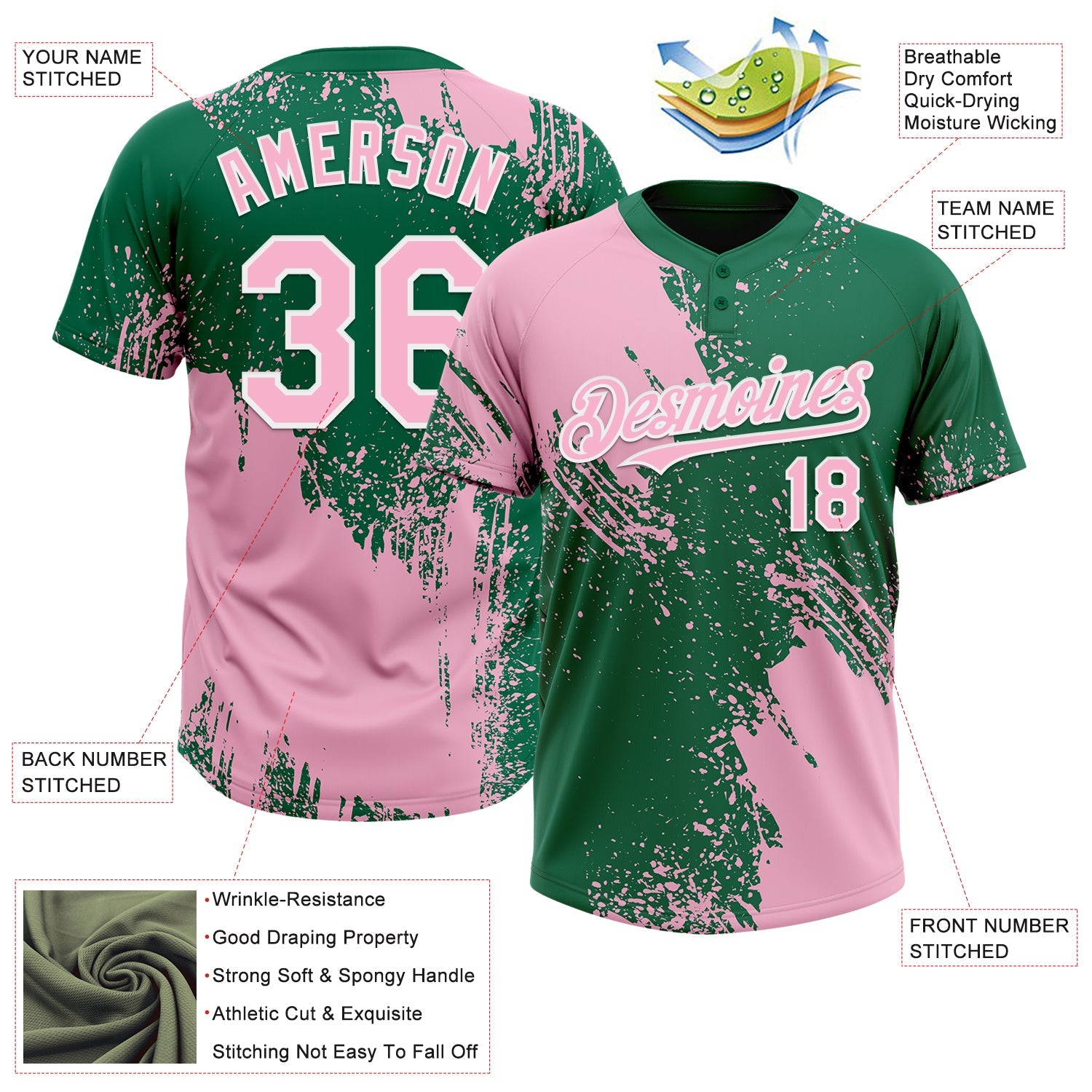 Custom Light Pink Kelly Green-White 3D Pattern Abstract Brush Stroke Two-Button Unisex Softball Jersey view 3