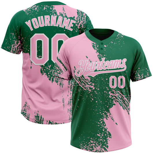 Custom Light Pink Kelly Green-White 3D Pattern Abstract Brush Stroke Two-Button Unisex Softball Jersey - Main View