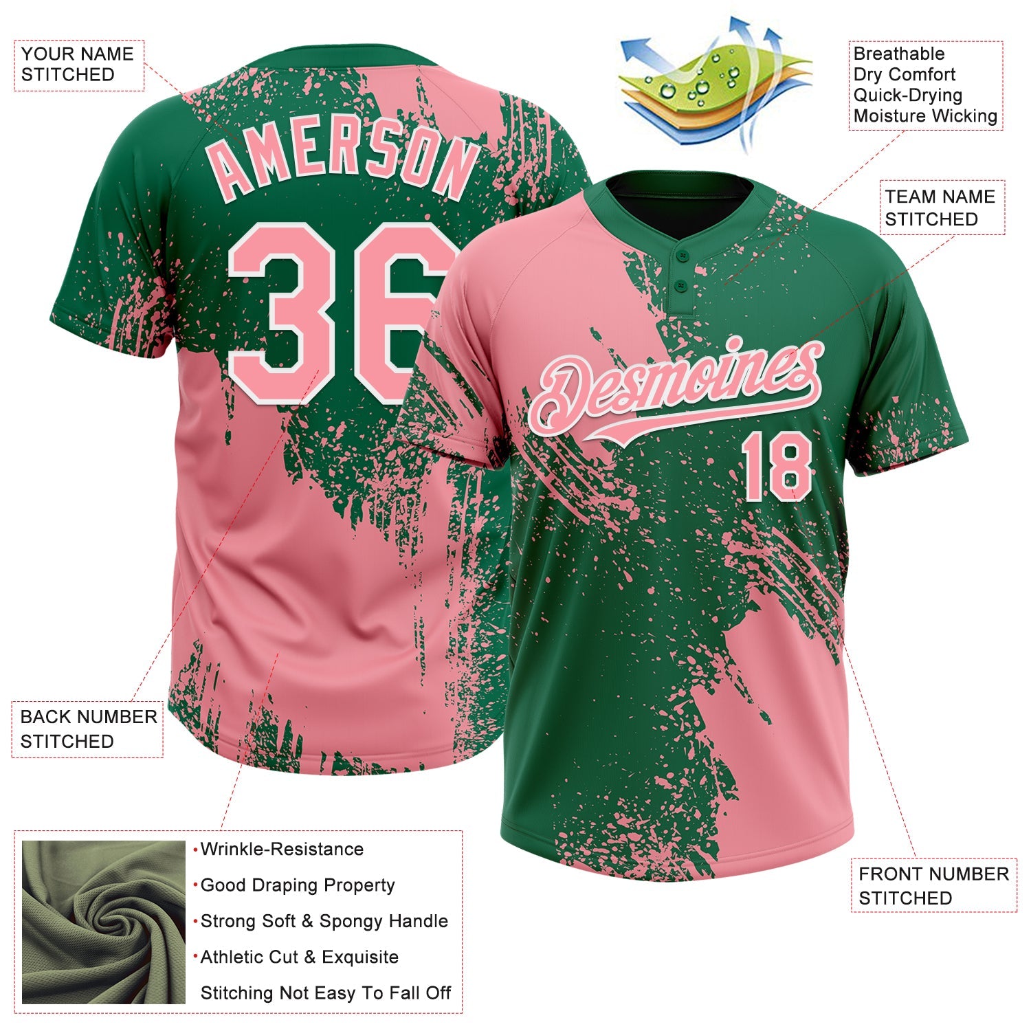 Custom Medium Pink Kelly Green-White 3D Pattern Abstract Brush Stroke Two-Button Unisex Softball Jersey view 3