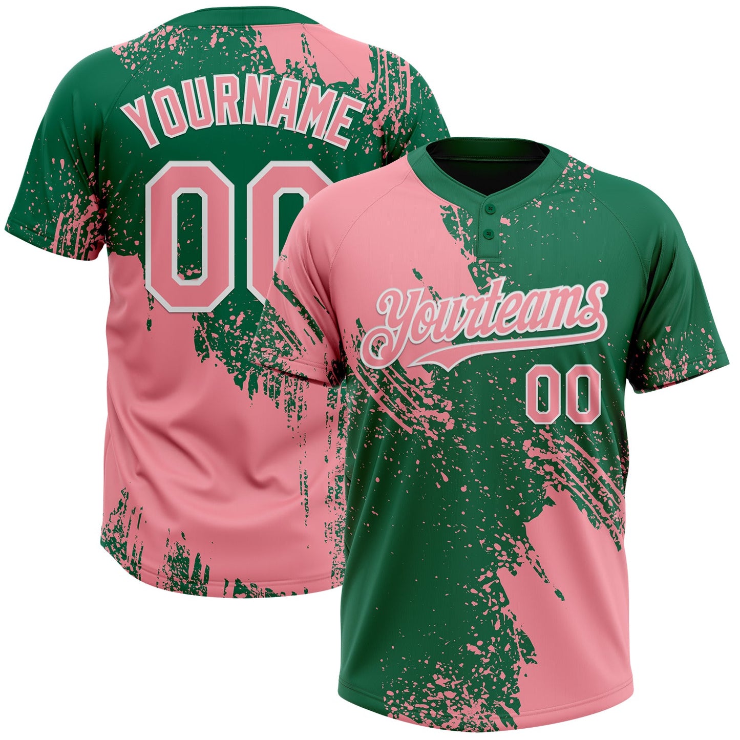 Custom Medium Pink Kelly Green-White 3D Pattern Abstract Brush Stroke Two-Button Unisex Softball Jersey - Main View