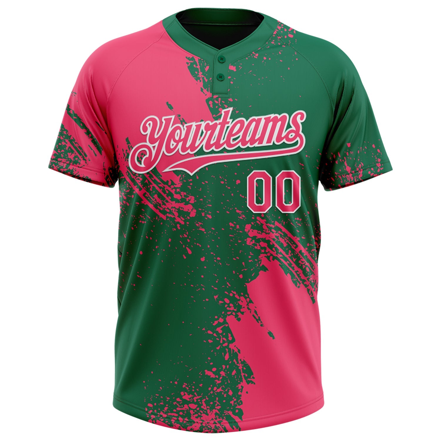 Custom Neon Pink Kelly Green-White 3D Pattern Abstract Brush Stroke Two-Button Unisex Softball Jersey view 2