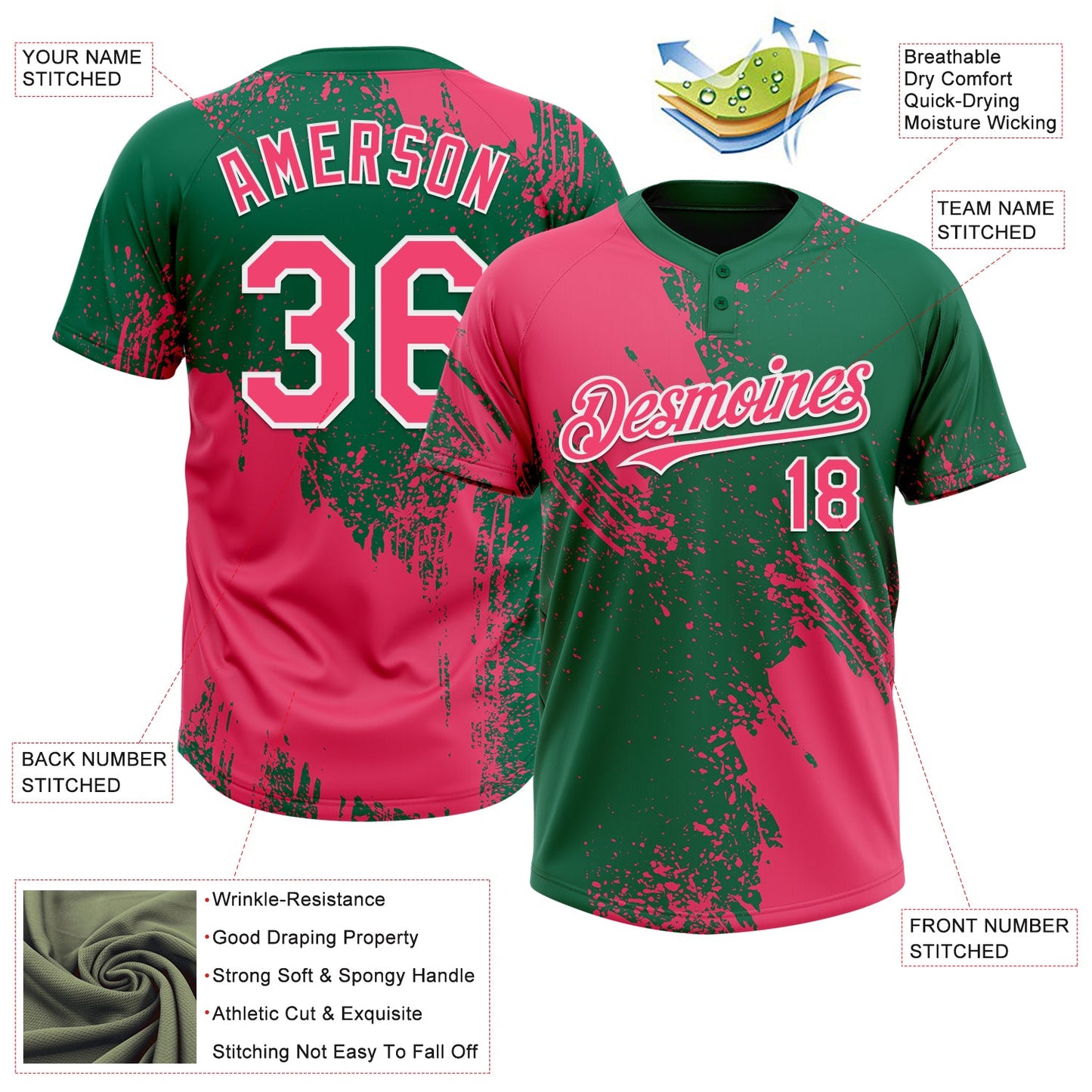 Custom Neon Pink Kelly Green-White 3D Pattern Abstract Brush Stroke Two-Button Unisex Softball Jersey view 3